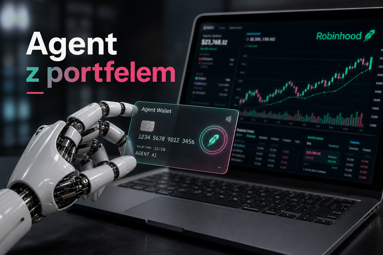 Ręka robota trzymająca wirtualną kartę przy laptopie z wykresami giełdowymi
