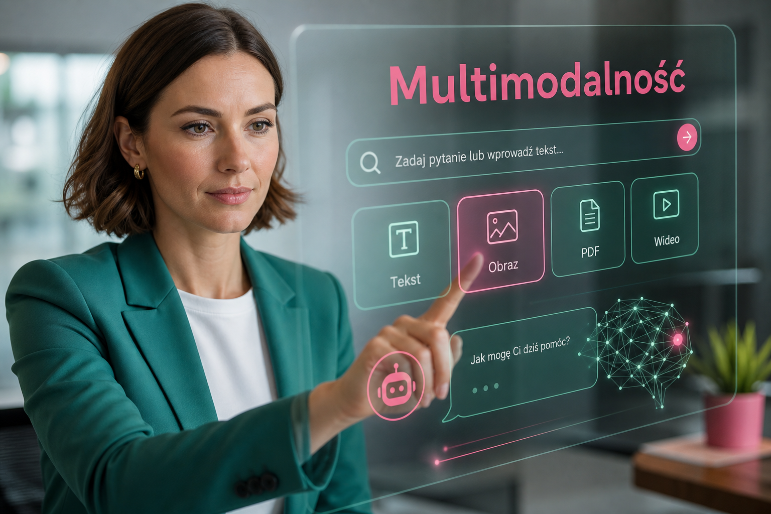 Bizneswoman korzysta z nowego interfejsu Google z opcją multimodalności i napisem 'Multimodalność'