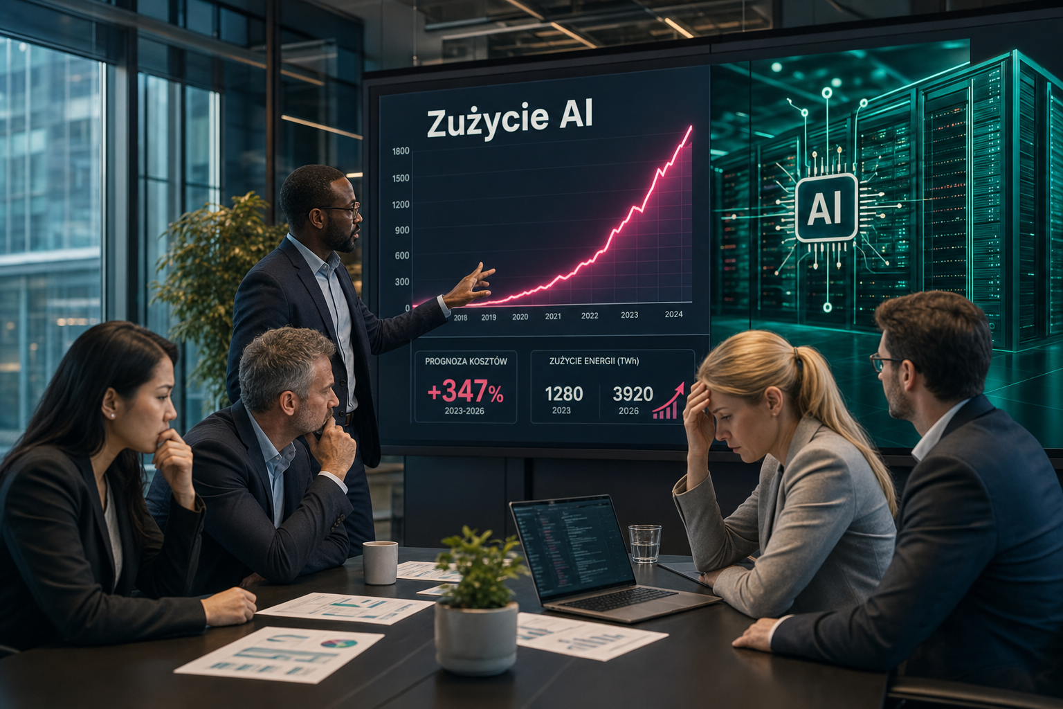 Fotorealistyczne biuro, analiza wykresów zużycia energii przez AI na ekranach