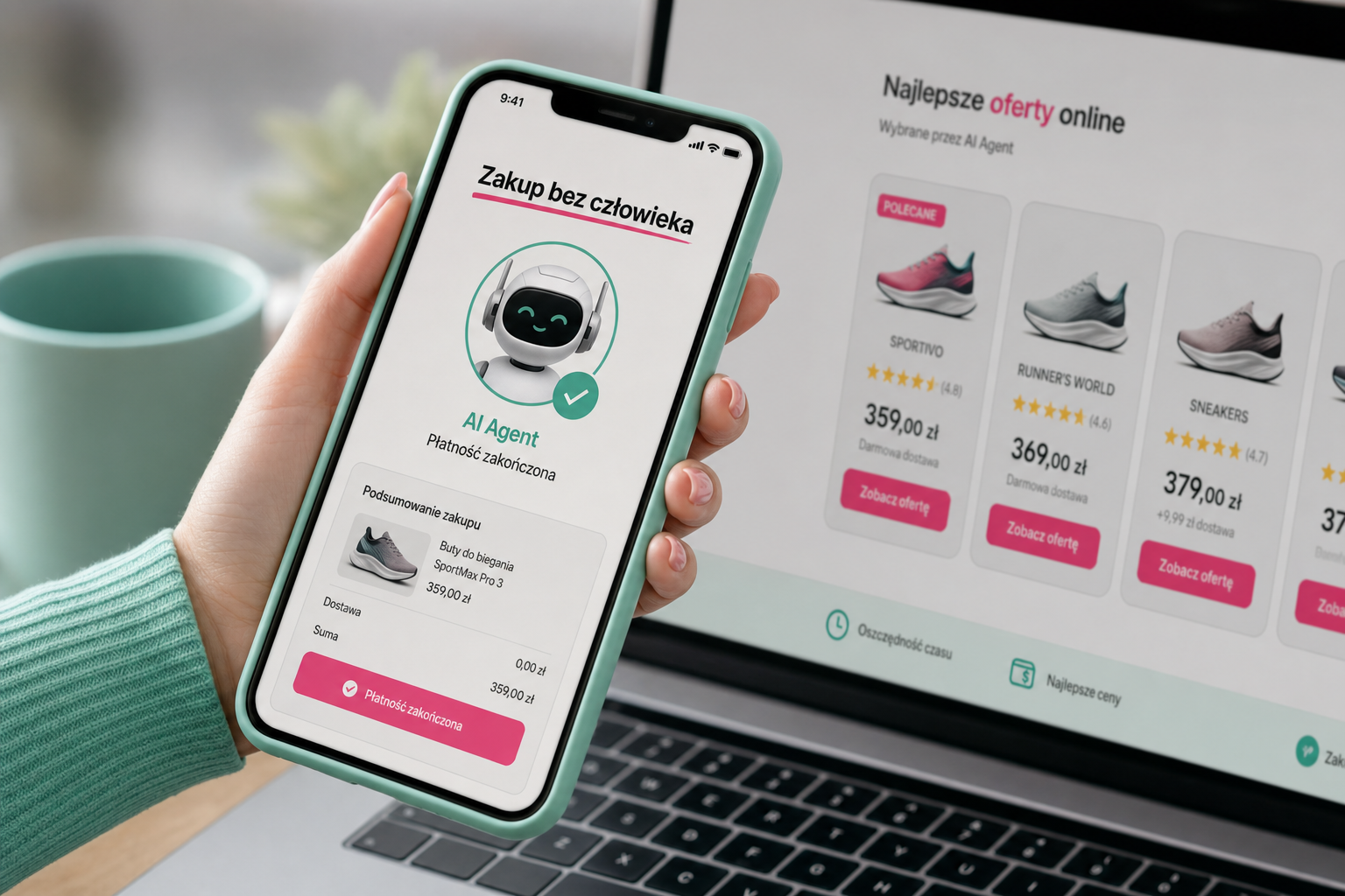 Smartfon z potwierdzeniem płatności AI, w tle oferty sklepów online, hasło: Zakup bez człowieka