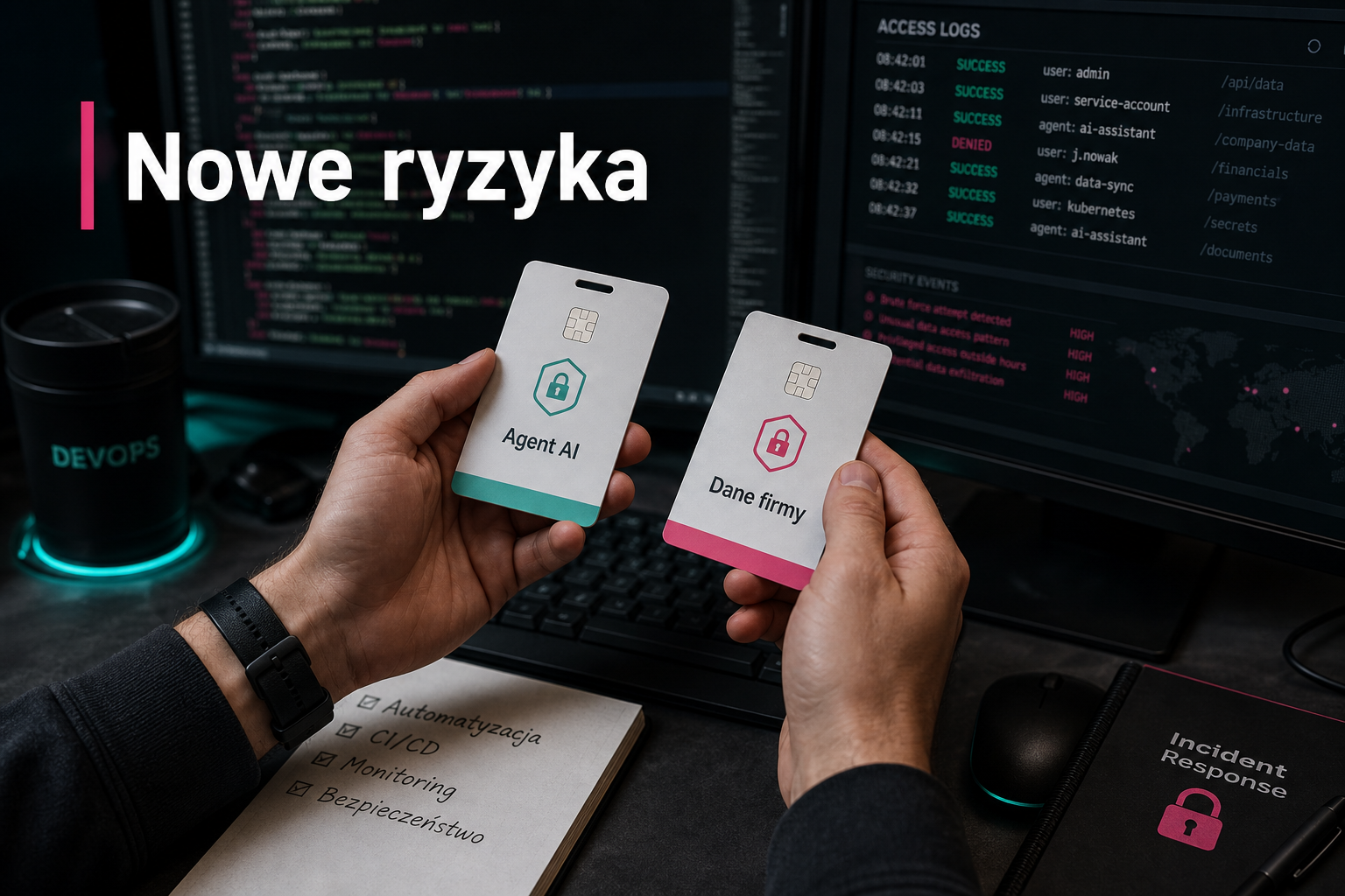 Ręce inżyniera DevOps z kartami dostępu: Agent AI i Dane firmy, napis: Nowe ryzyka