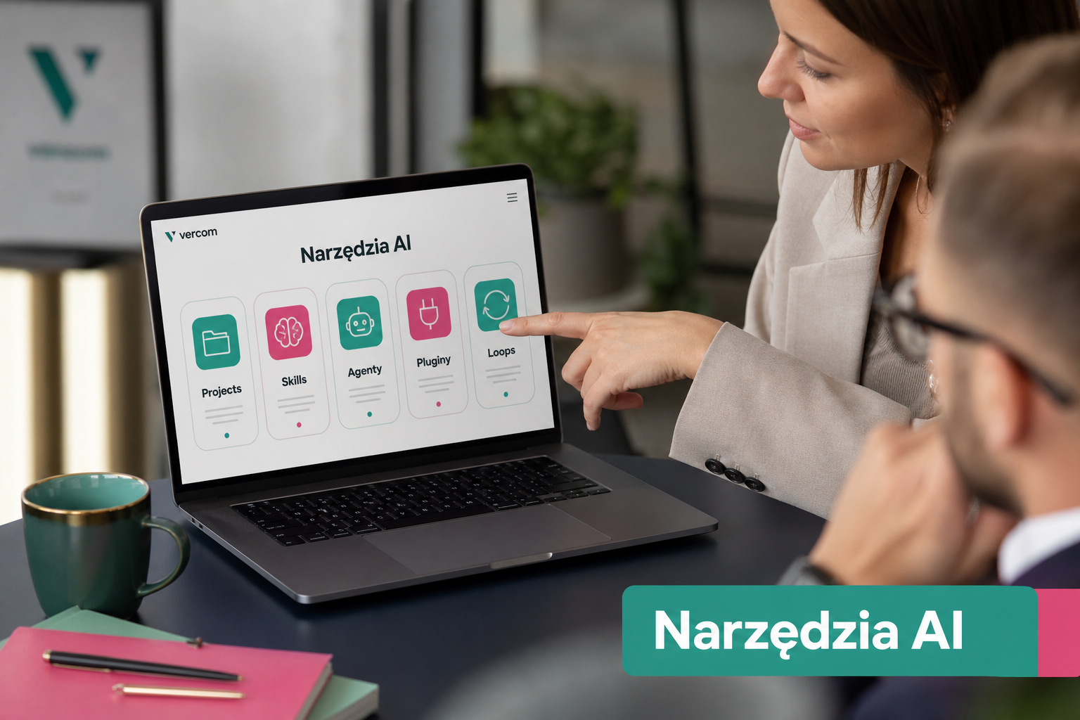 Zbliżenie na biurko z laptopem, na ekranie schemat narzędzi AI, biznesowa dyskusja
