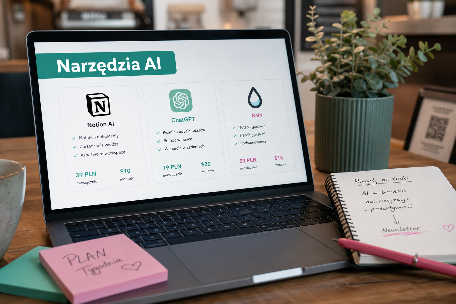 Porównanie narzędzi AI na ekranie laptopa i notatki na stole w małej firmie