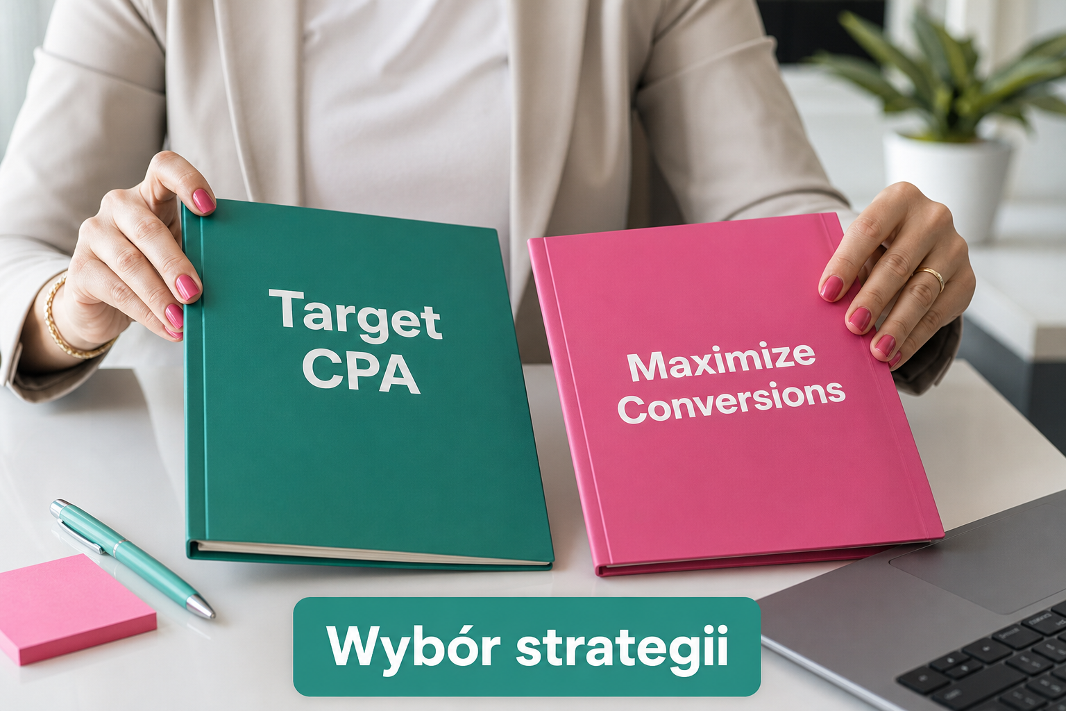 Dłonie wybierają między folderami Target CPA i Maximize Conversions na biurku