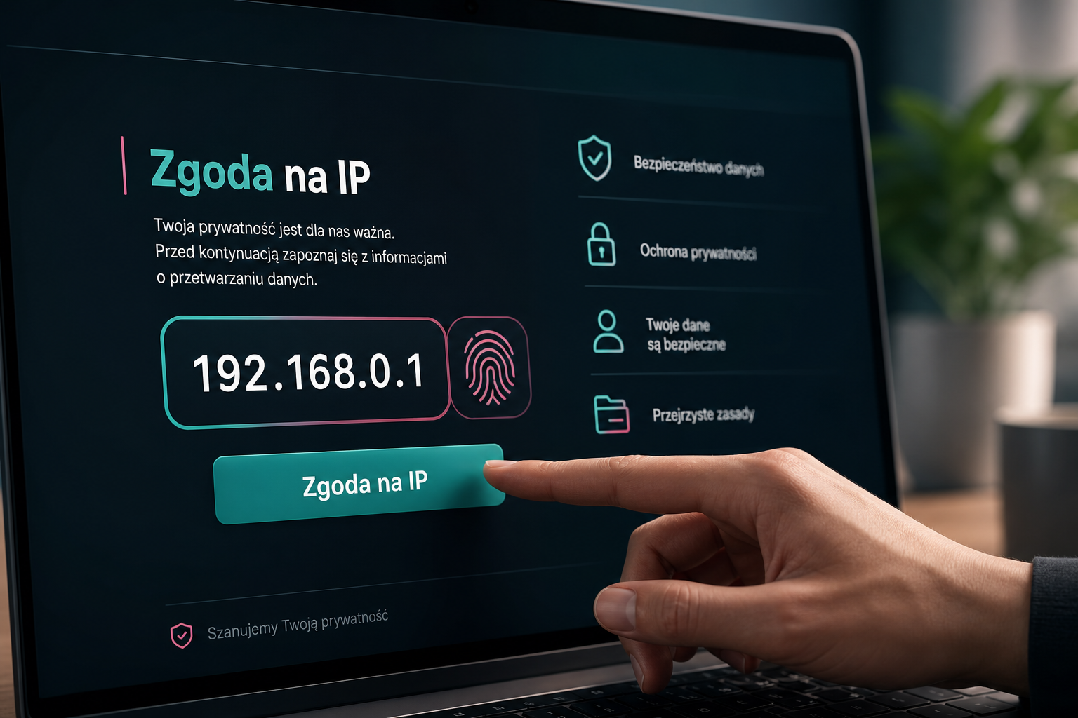 Ekran komputera z adresem IP i przyciskiem zgody, kontekst: personalizacja reklam Google