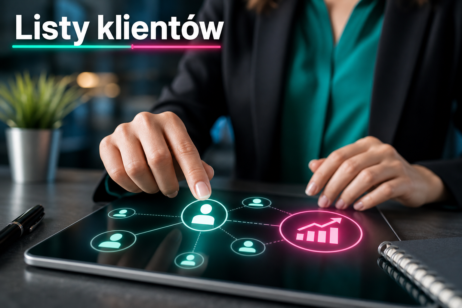 Zbliżenie na dłonie łączące dane klientów i konwersje na ekranie dotykowym, symbol automatyzacji