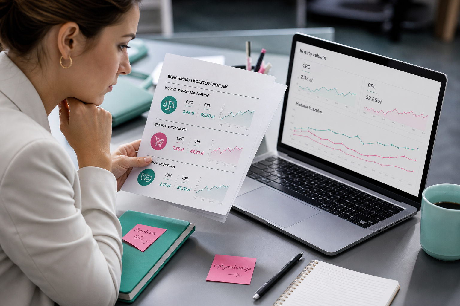 Bizneswoman analizuje benchmarki kosztów reklam online na wykresach branżowych