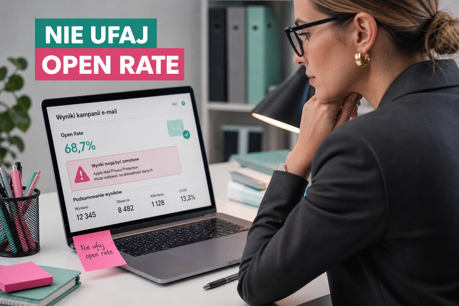 Specjalistka analizuje zawyżone open rate na laptopie, widoczny napis 'Nie ufaj open rate'