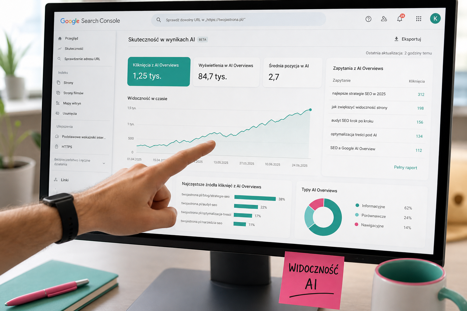 Monitor z raportem AI Search Console i napisem Widoczność AI, dłoń wskazuje kluczowy wniosek