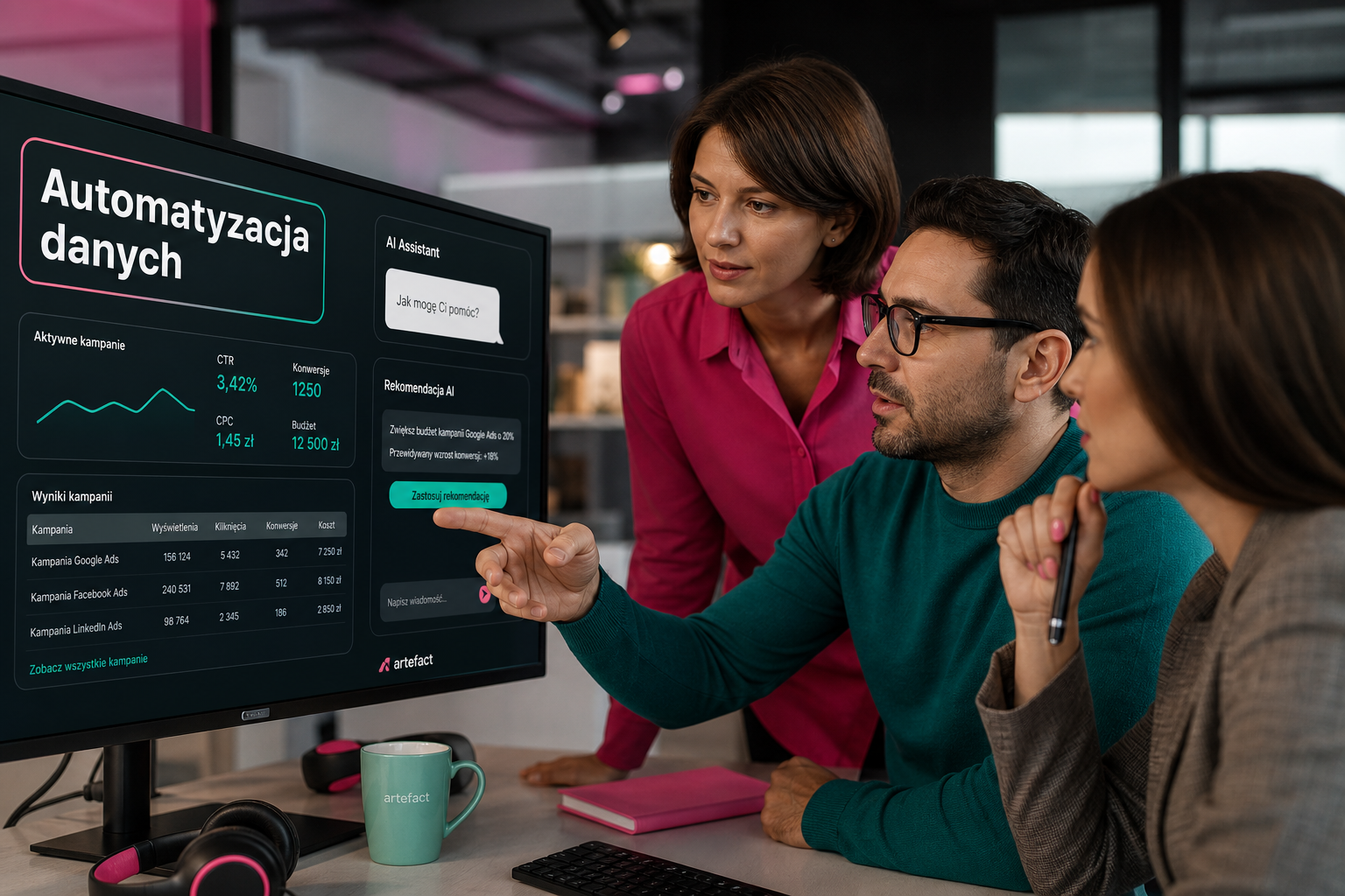 Zespół analizuje dane reklamowe zintegrowane z AI na monitorze, automatyzacja kampanii