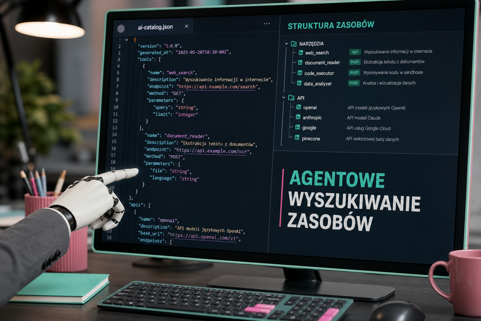 Monitor z plikiem ai-catalog.json i katalogiem narzędzi, tekst: Agentic Resource Discovery