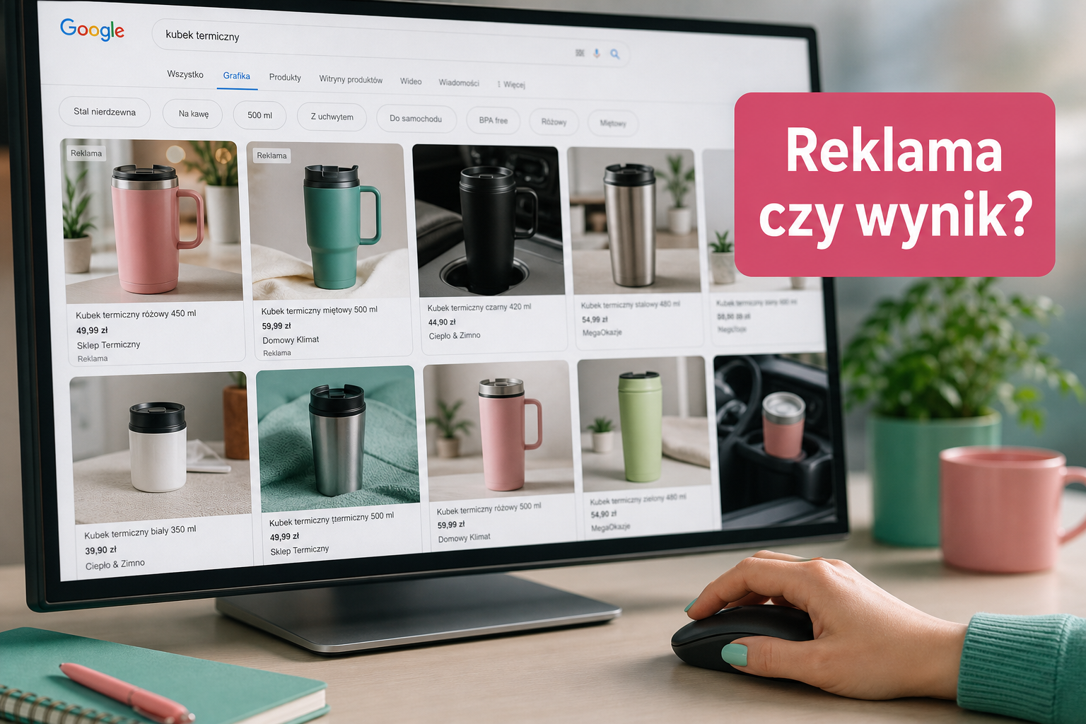 Ekran z siatką Google Images, reklamy wśród wyników, napis 'Reklama czy wynik?'.