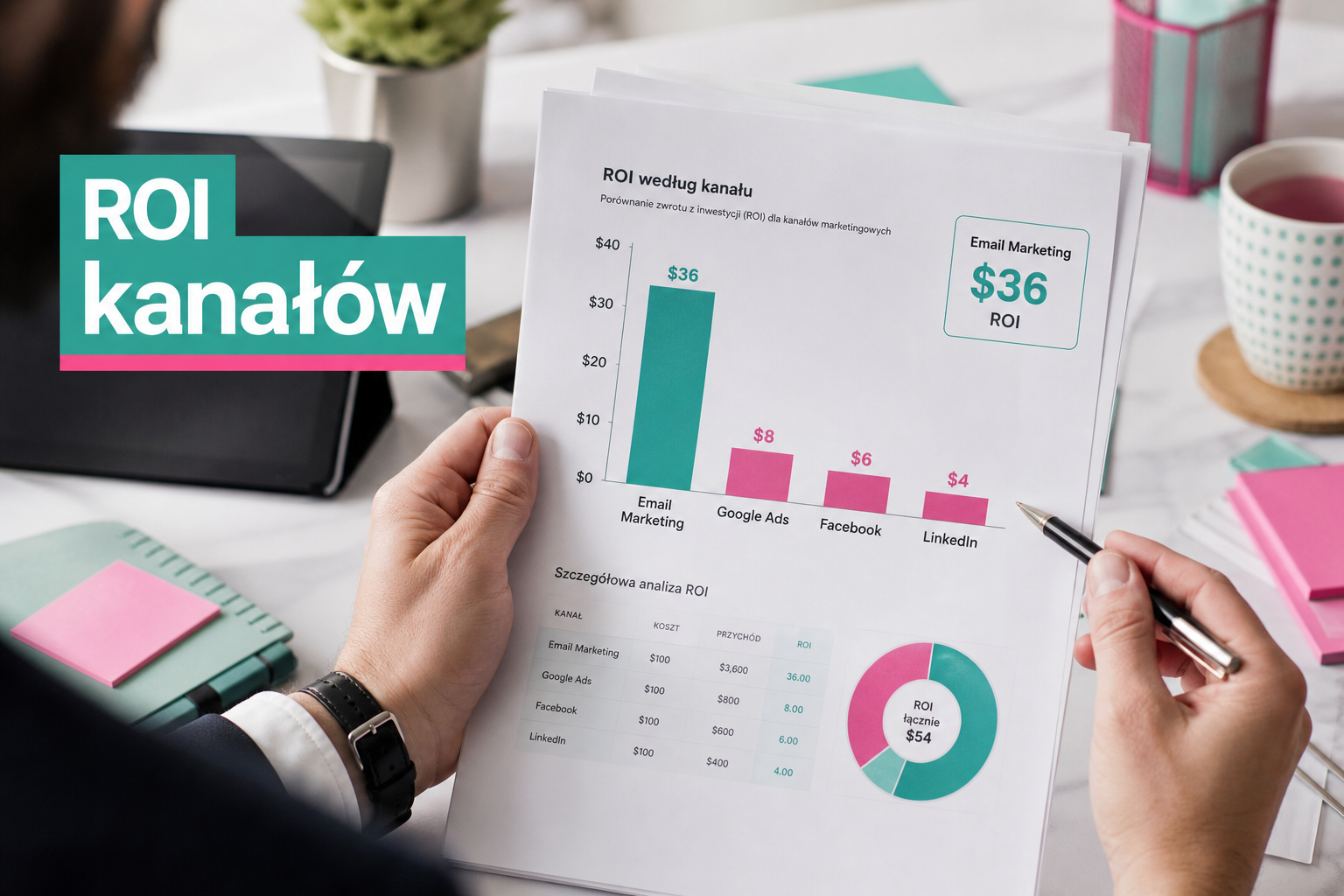 Porównanie ROI kanałów marketingowych na wykresach, email marketing na pierwszym miejscu