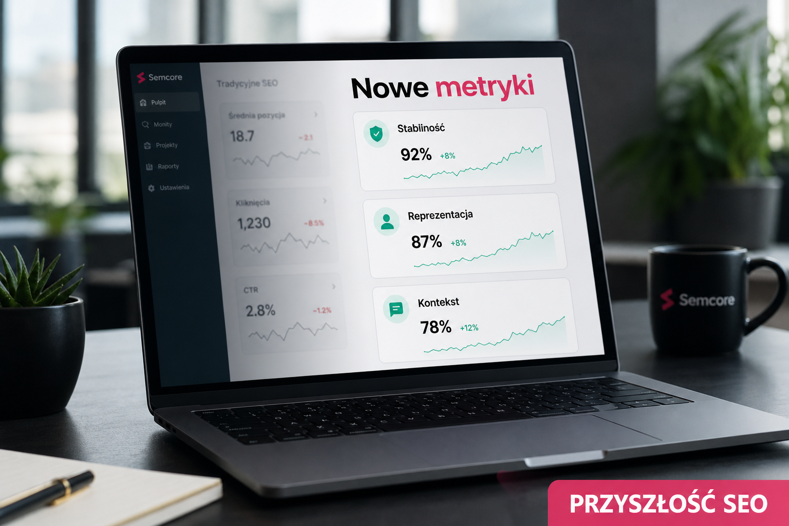 Nowoczesny dashboard SEO z nowymi metrykami, napis 'Nowe metryki' na ekranie