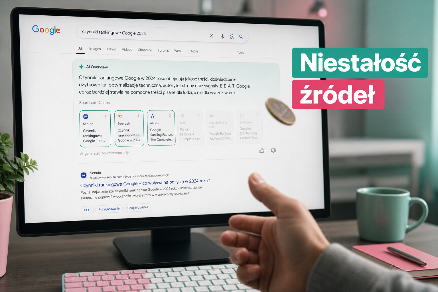 Monitor z wynikami Google AI Overviews, widoczne zmieniające się źródła, symbol niestabilności