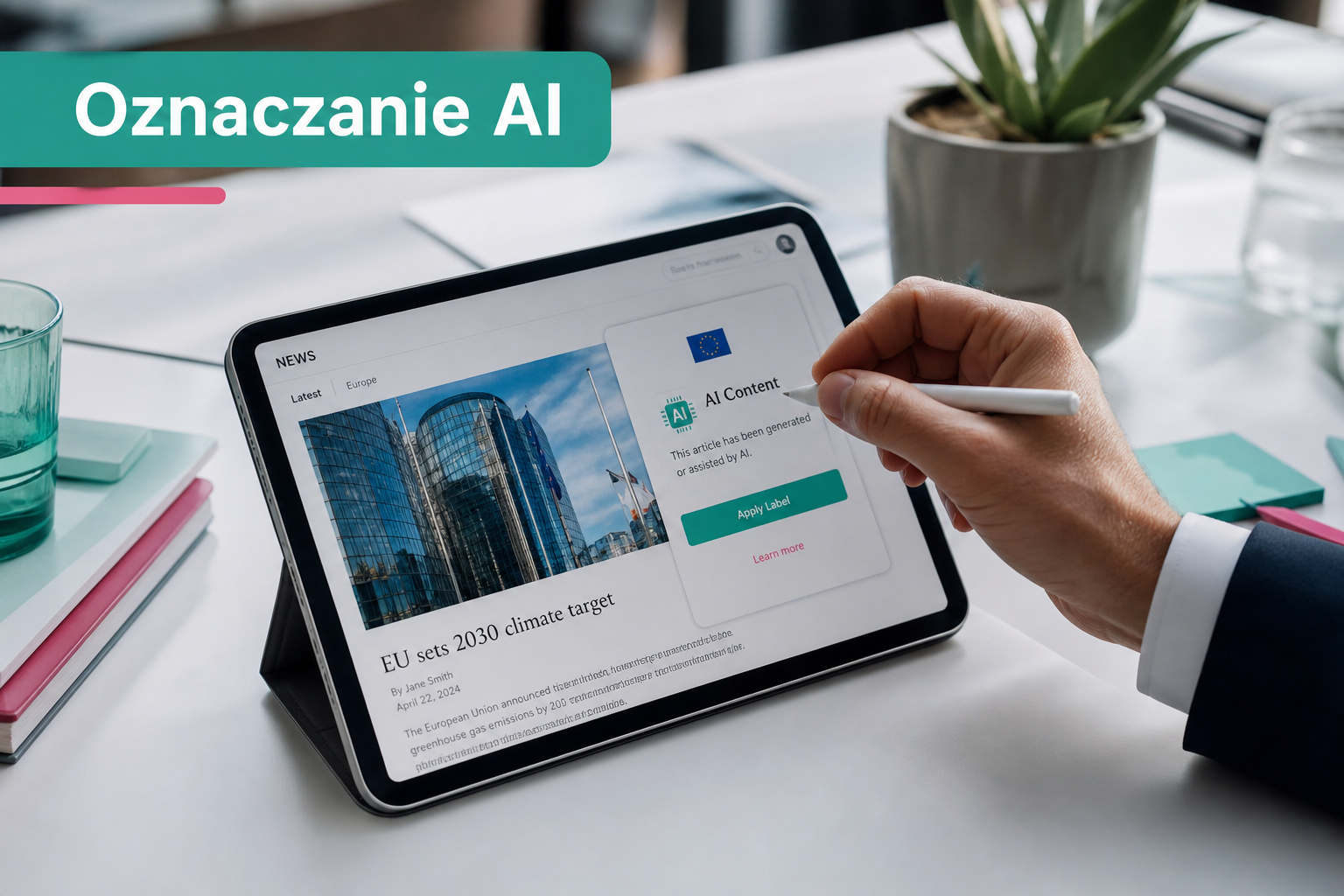 Ręka nakłada etykietę AI na tablet z artykułem, widoczna ikona UE i biurowe akcenty