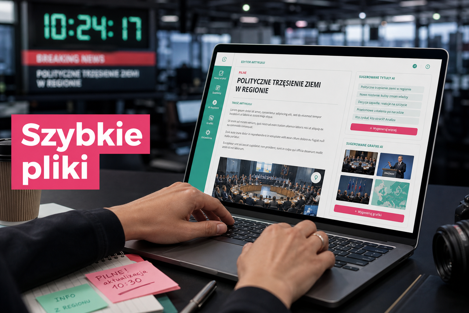 Dłonie dziennikarza edytujące szablon artykułu z pomocą AI na laptopie