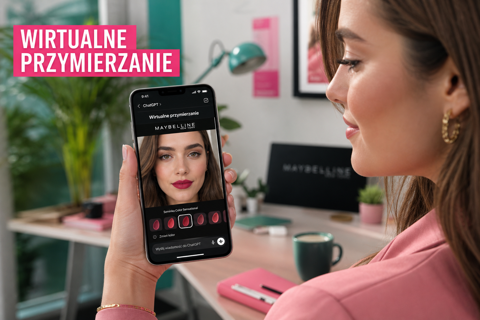 Kobieta korzysta z wirtualnego przymierzania makijażu Maybelline przez ChatGPT na smartfonie
