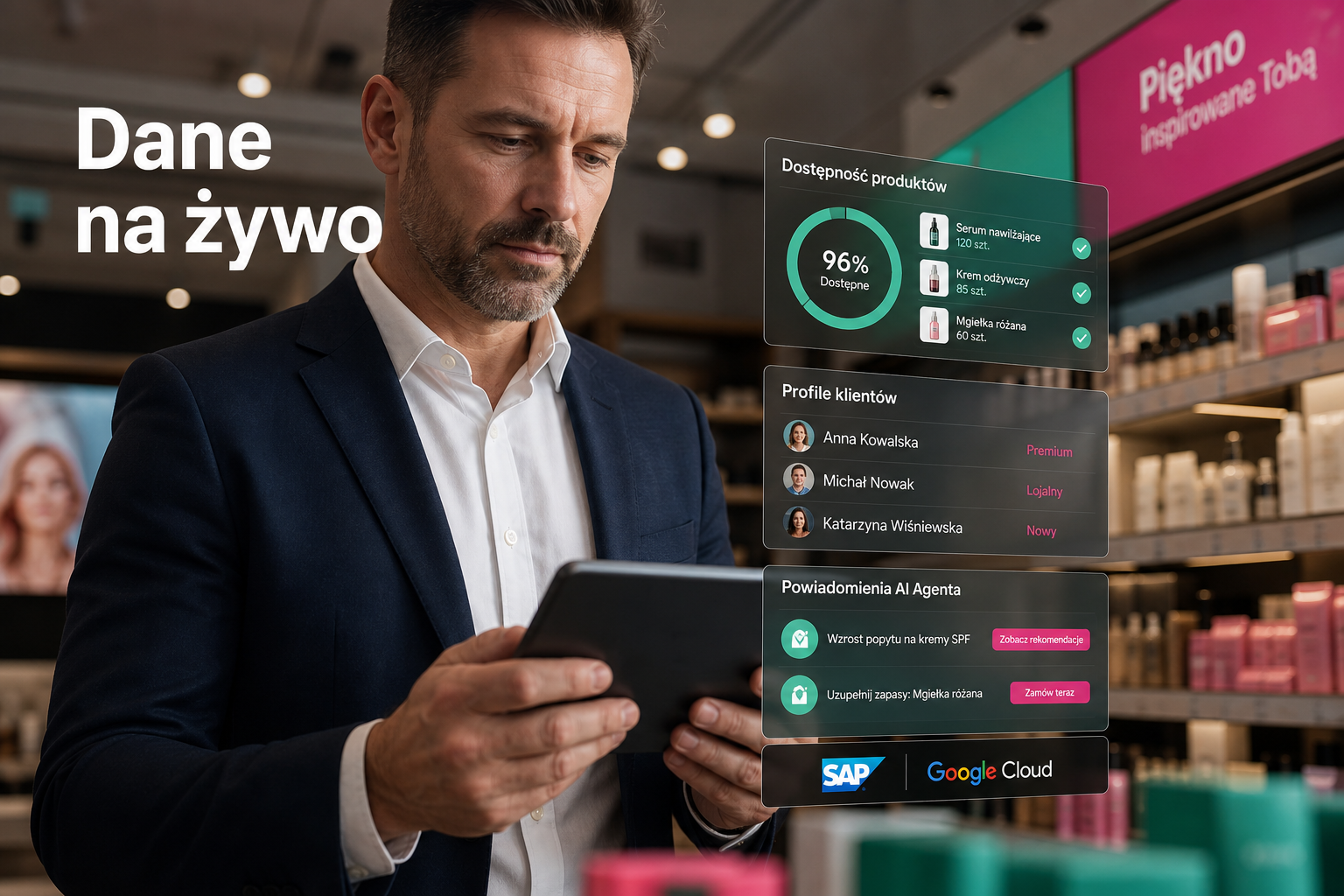 Menedżer sklepu analizuje dane AI na tablecie, widoczne dane na żywo i kolorowe akcenty