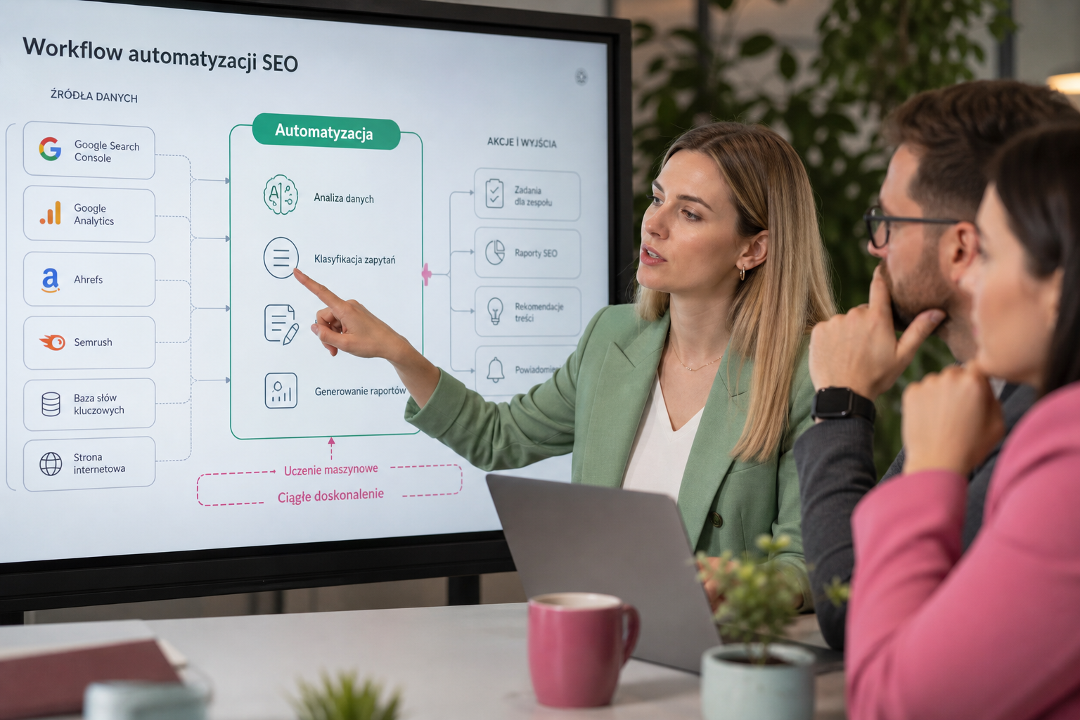 Zespół SEO analizuje diagram automatyzacji zadań z pomocą AI na dużym ekranie