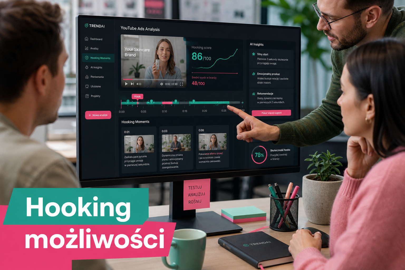 Zespół analizuje pierwsze sekundy reklamy YouTube z podpowiedziami AI, biuro, akcenty mięta i róż