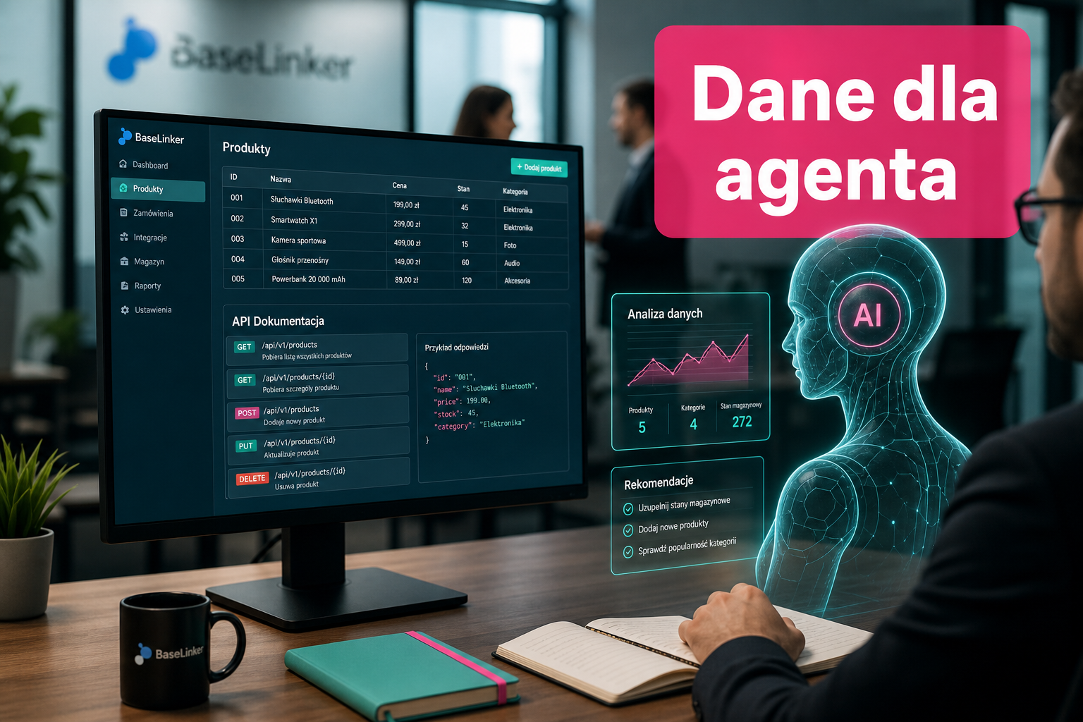Monitor z danymi produktowymi i API, obok hologram analizującego AI
