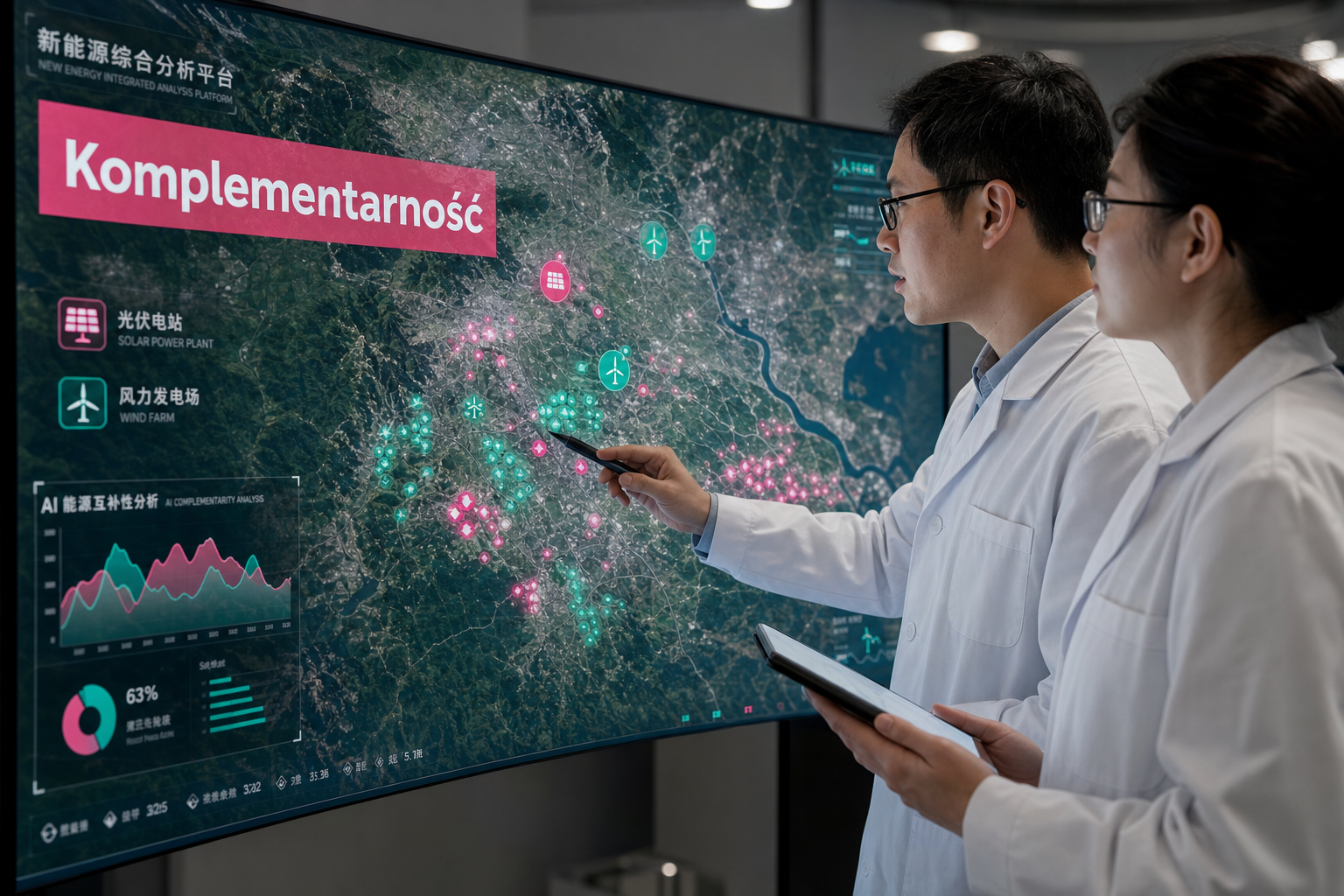 Fotorealistyczne zdjęcie naukowców analizujących satelitarną mapę energii Chin