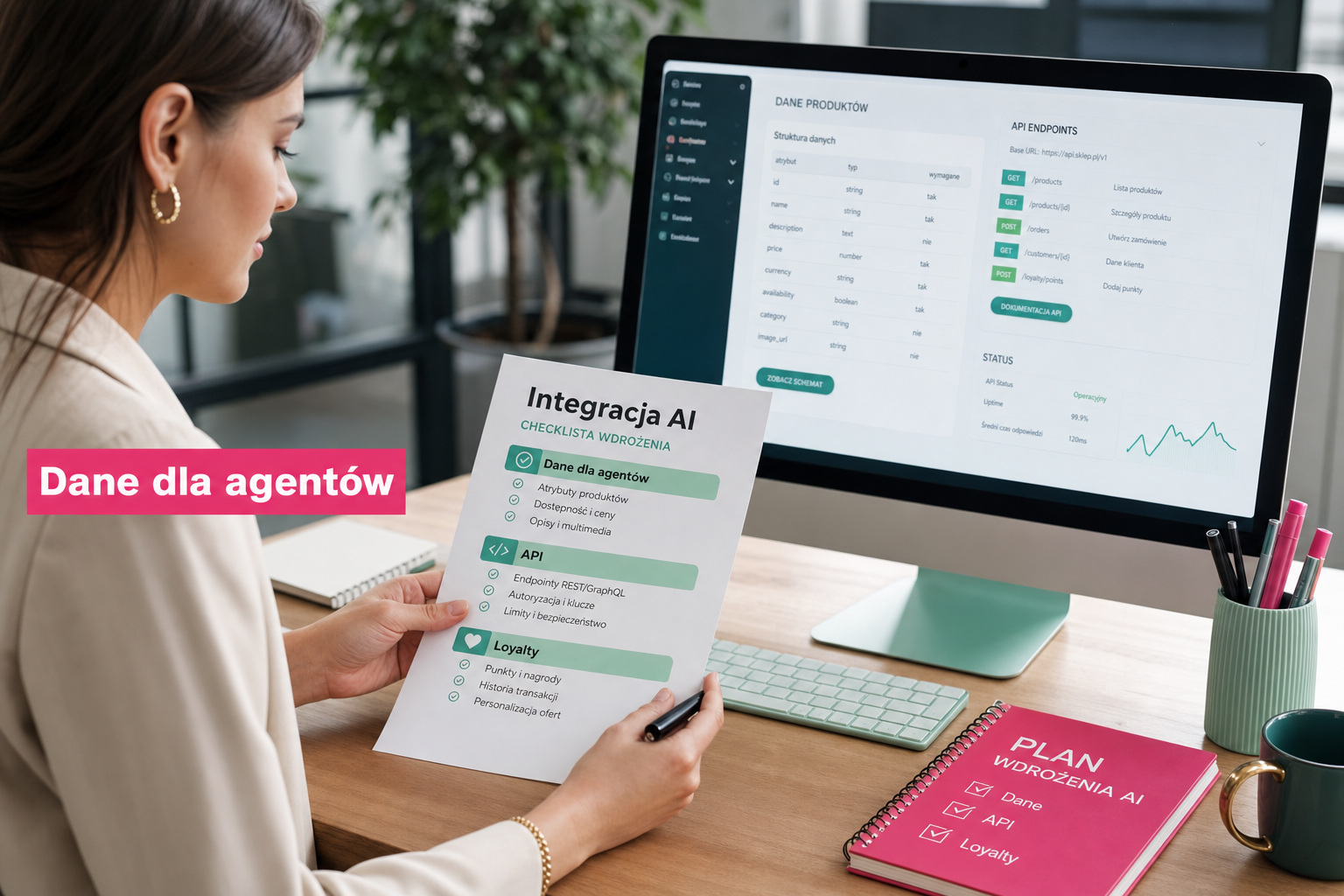 Bizneswoman analizuje checklistę integracji AI, widoczny dashboard z danymi, hasło: Dane dla agentów