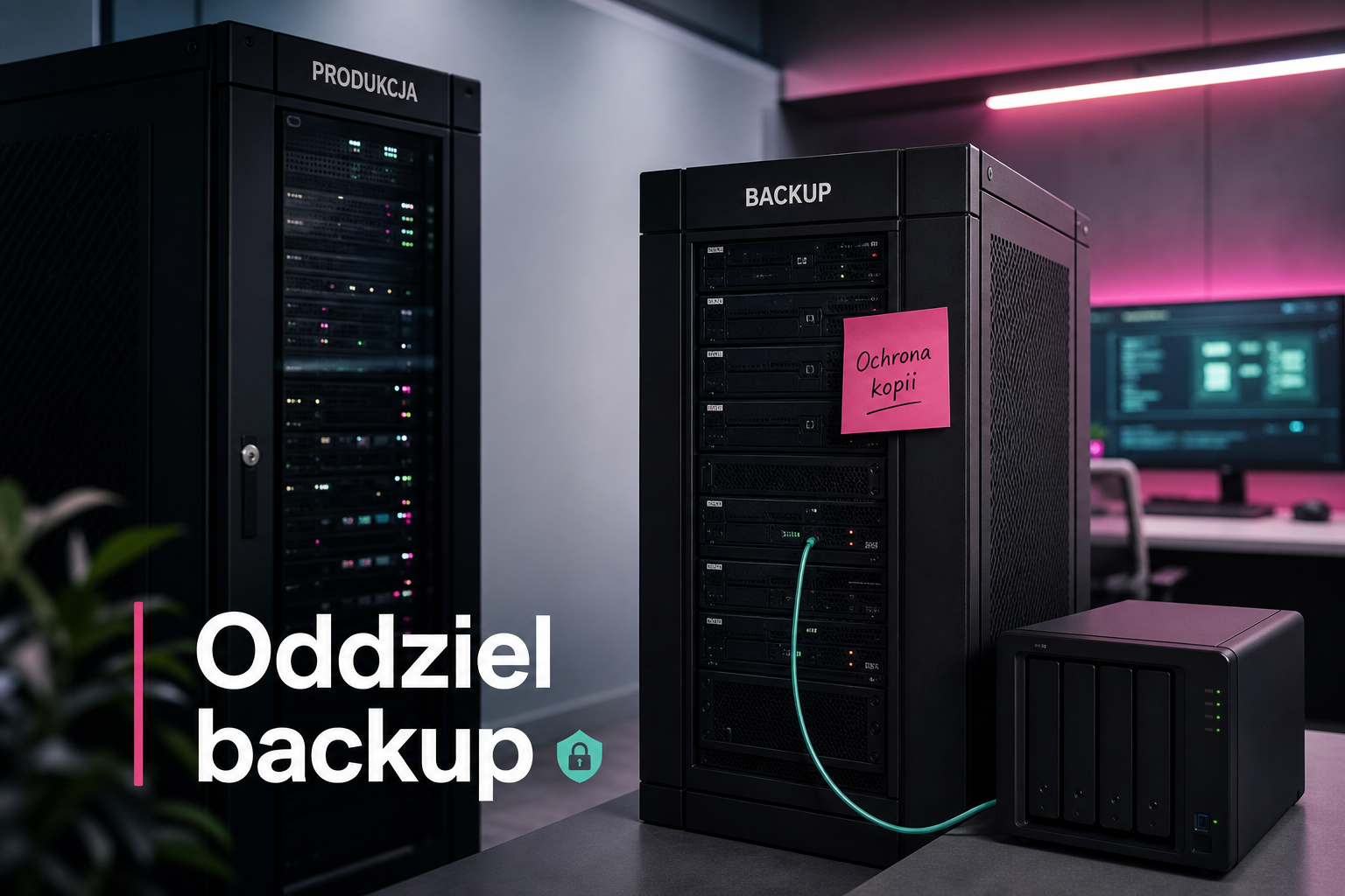 Oddzielony serwer backupu z napisem Oddziel backup, wyraźne akcenty mięty i różu