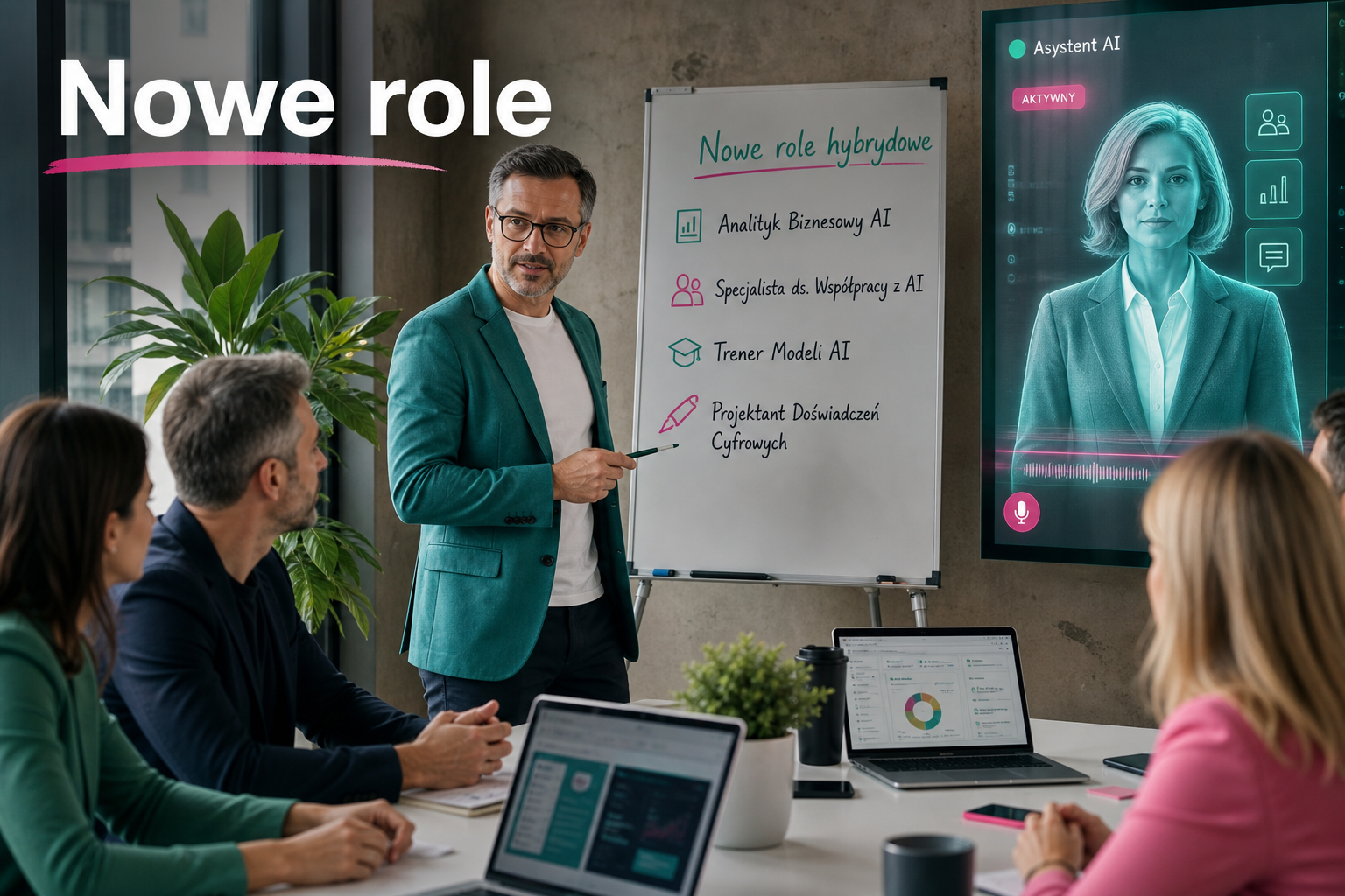 Manager omawia nowe role w zespole hybrydowym z ludźmi i AI na spotkaniu