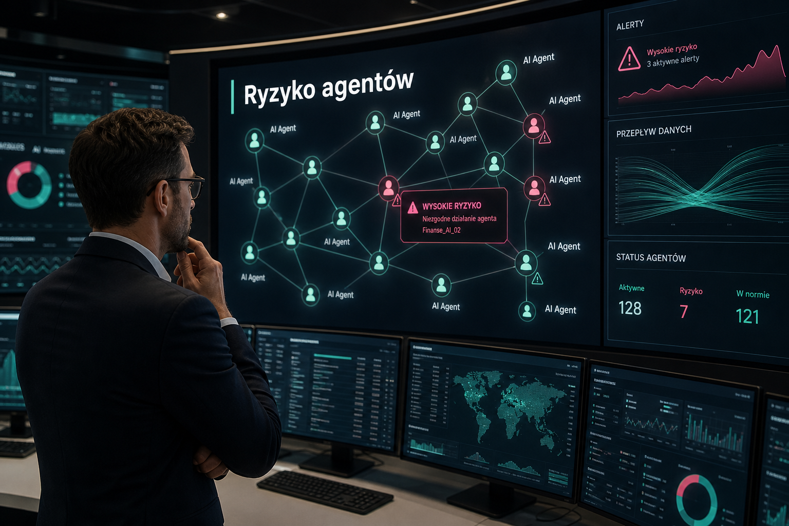 Nowoczesne centrum monitorowania AI, ekrany z siecią agentów, napis Ryzyko agentów
