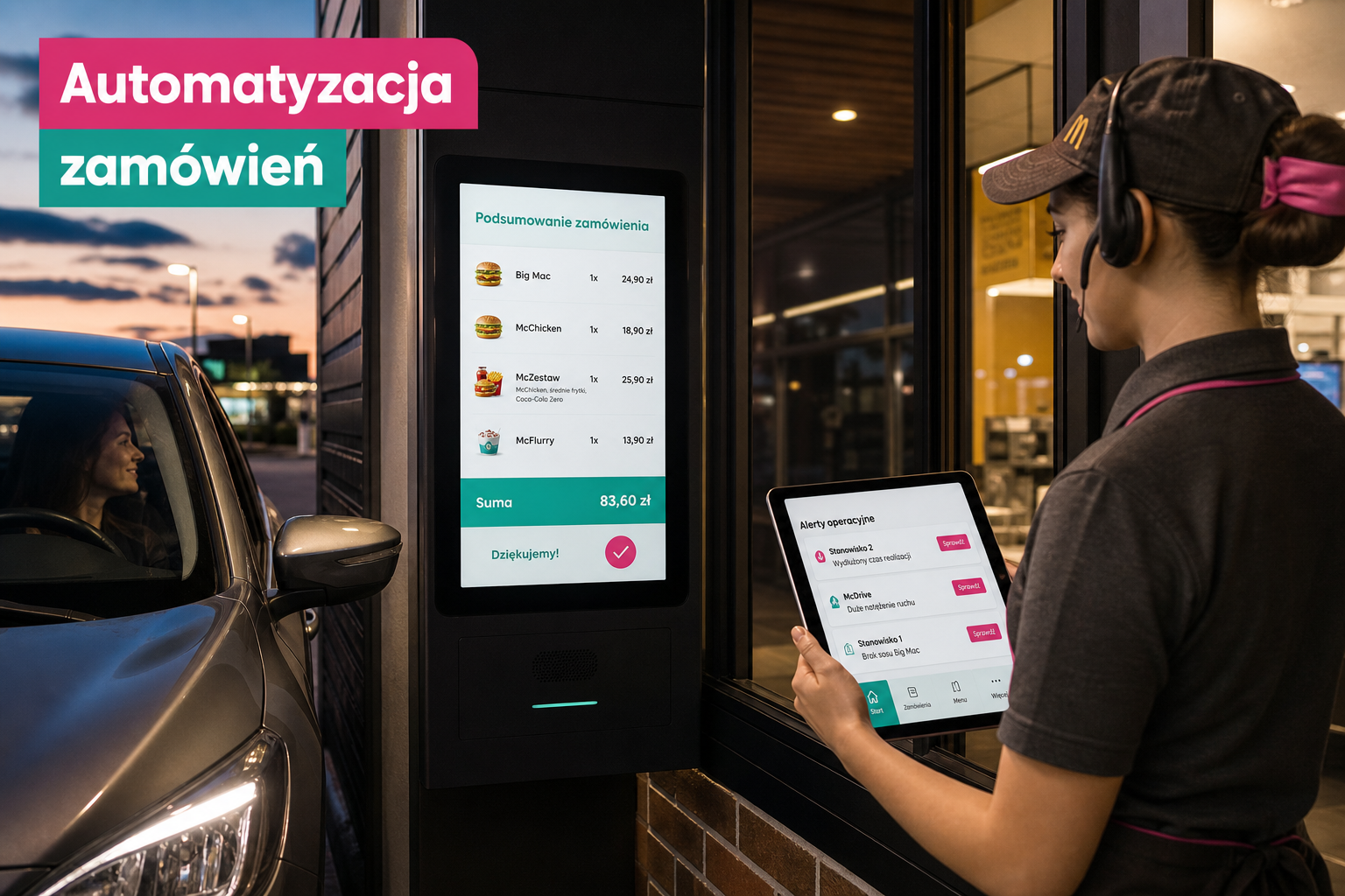 Drive-thru z samochodem przy okienku i cyfrowym ekranem zamówień AI, pracownik z tabletem