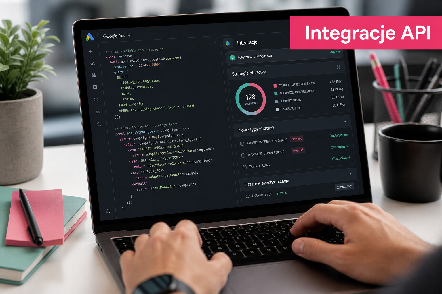 Programista sprawdza integrację Google Ads API na laptopie, widoczny kod i dashboard