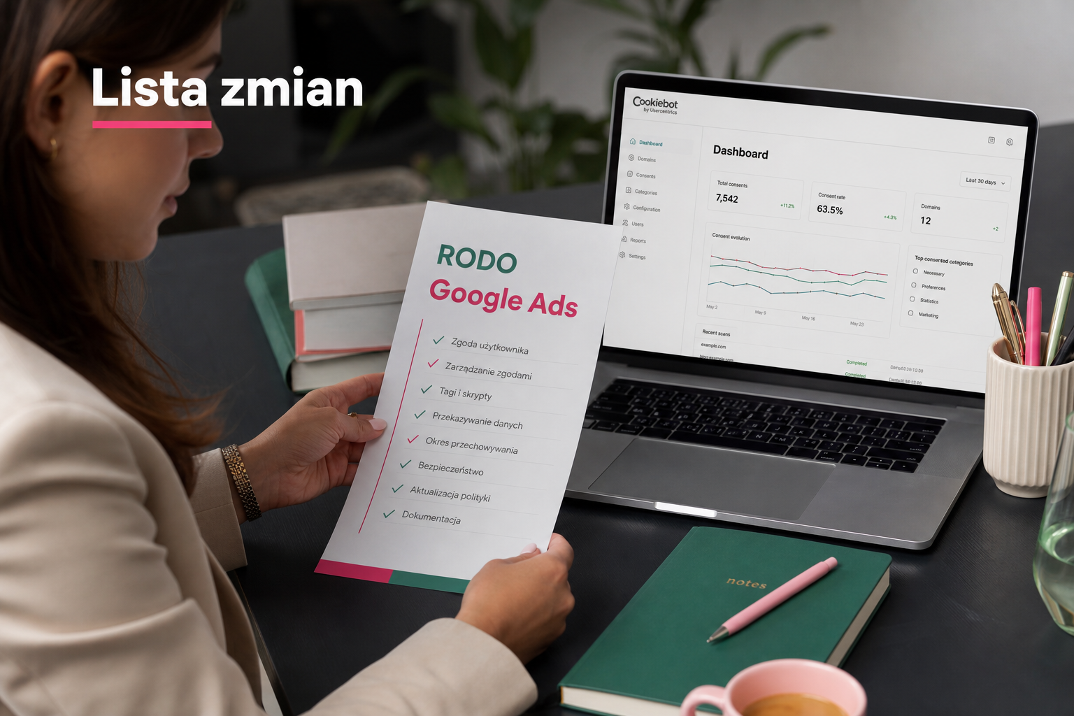 Kobieta analizuje checklistę RODO i Google Ads, przygotowania do zmian w personalizacji reklam