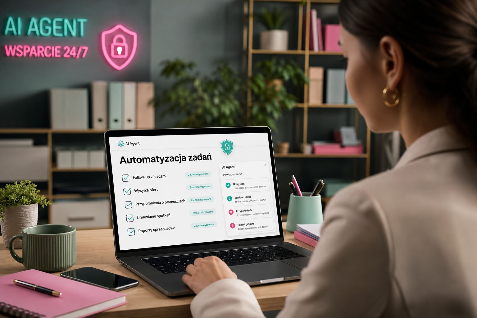 Właściciel firmy analizuje listę zadań do automatyzacji na laptopie z napisem 'Automatyzacja zadań'