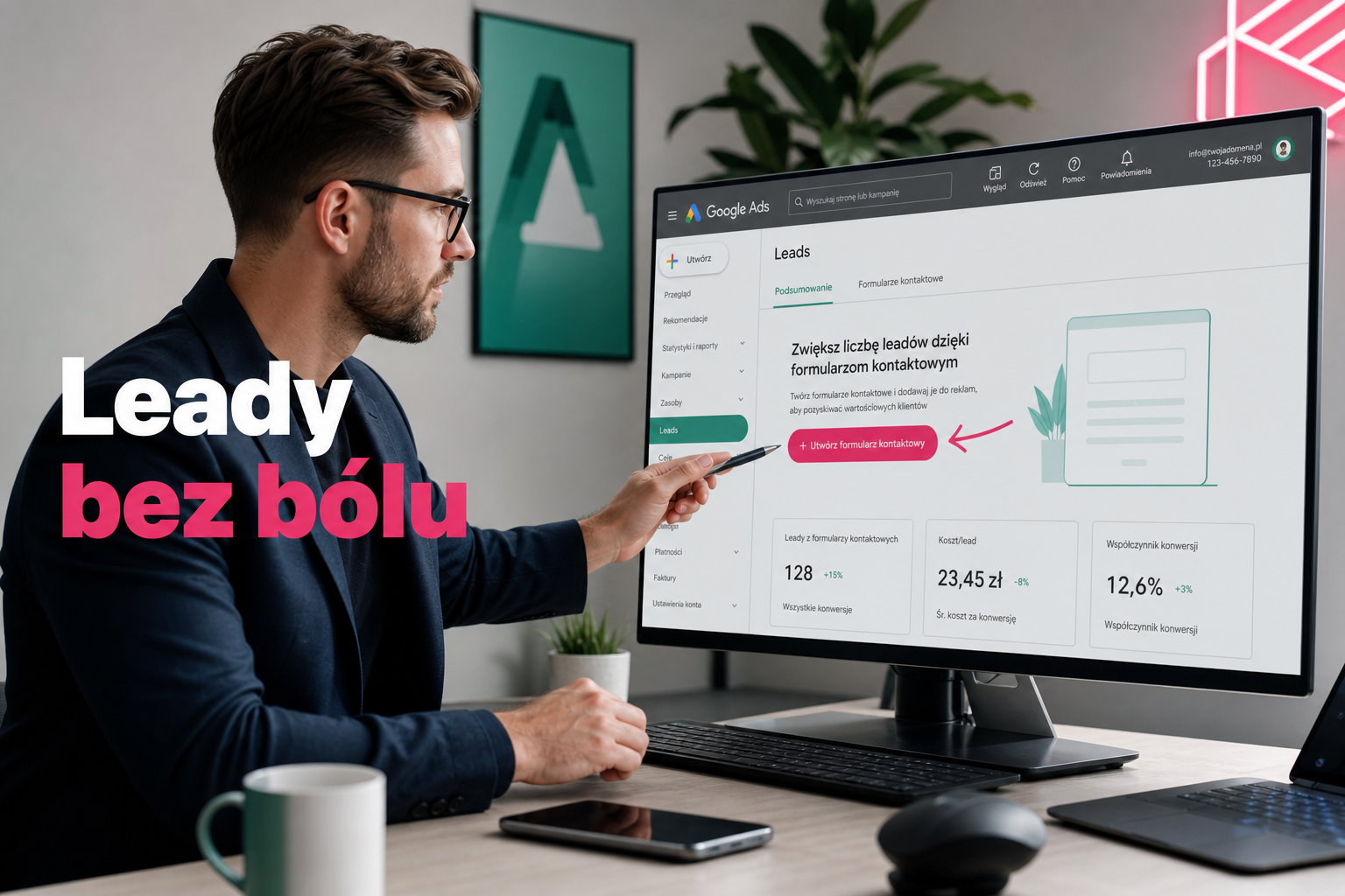 Specjalista korzysta z nowej sekcji Leads w Google Ads na dużym monitorze w biurze