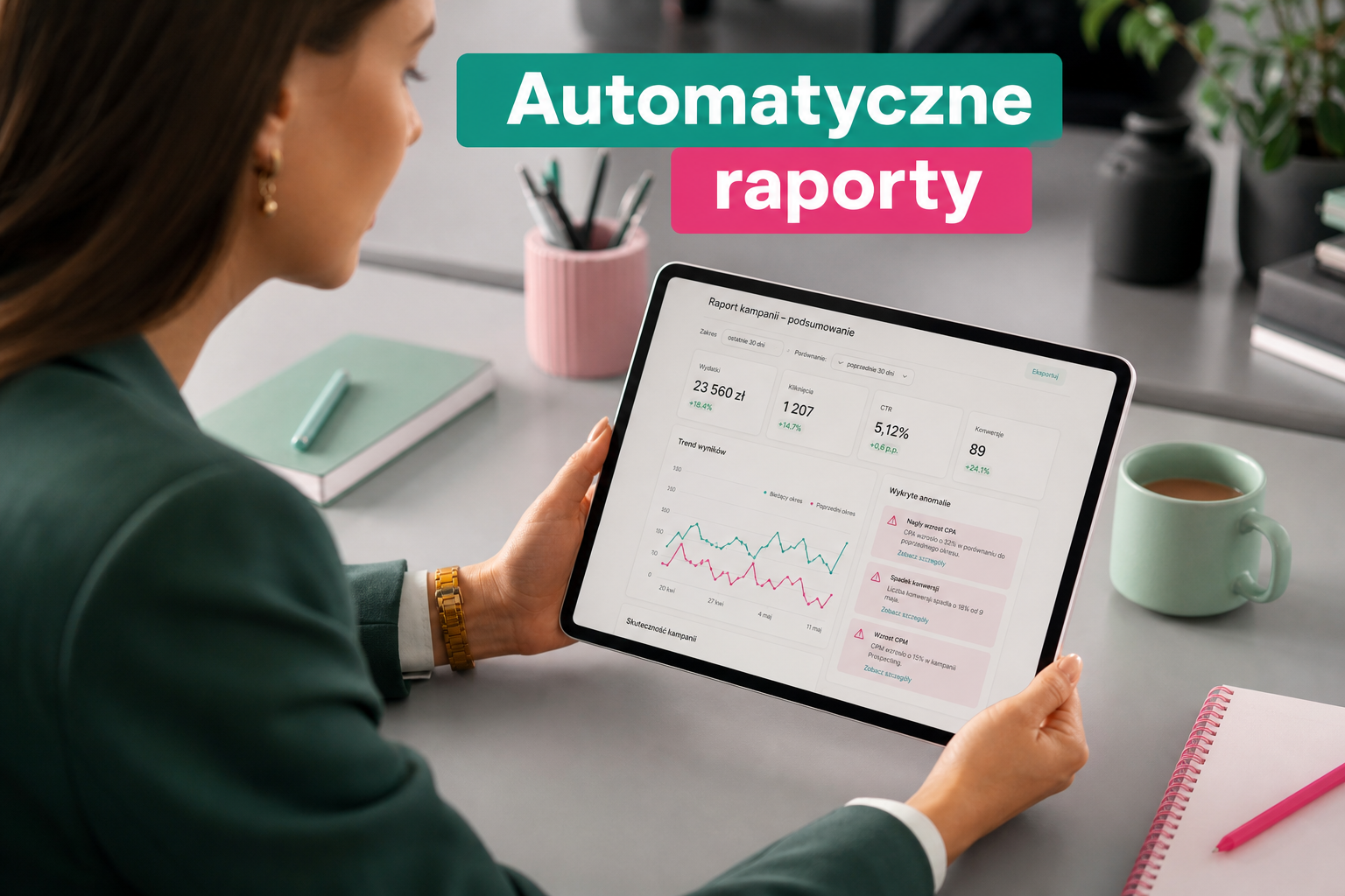 Profesjonalista analizuje automatyczny raport kampanii na tablecie