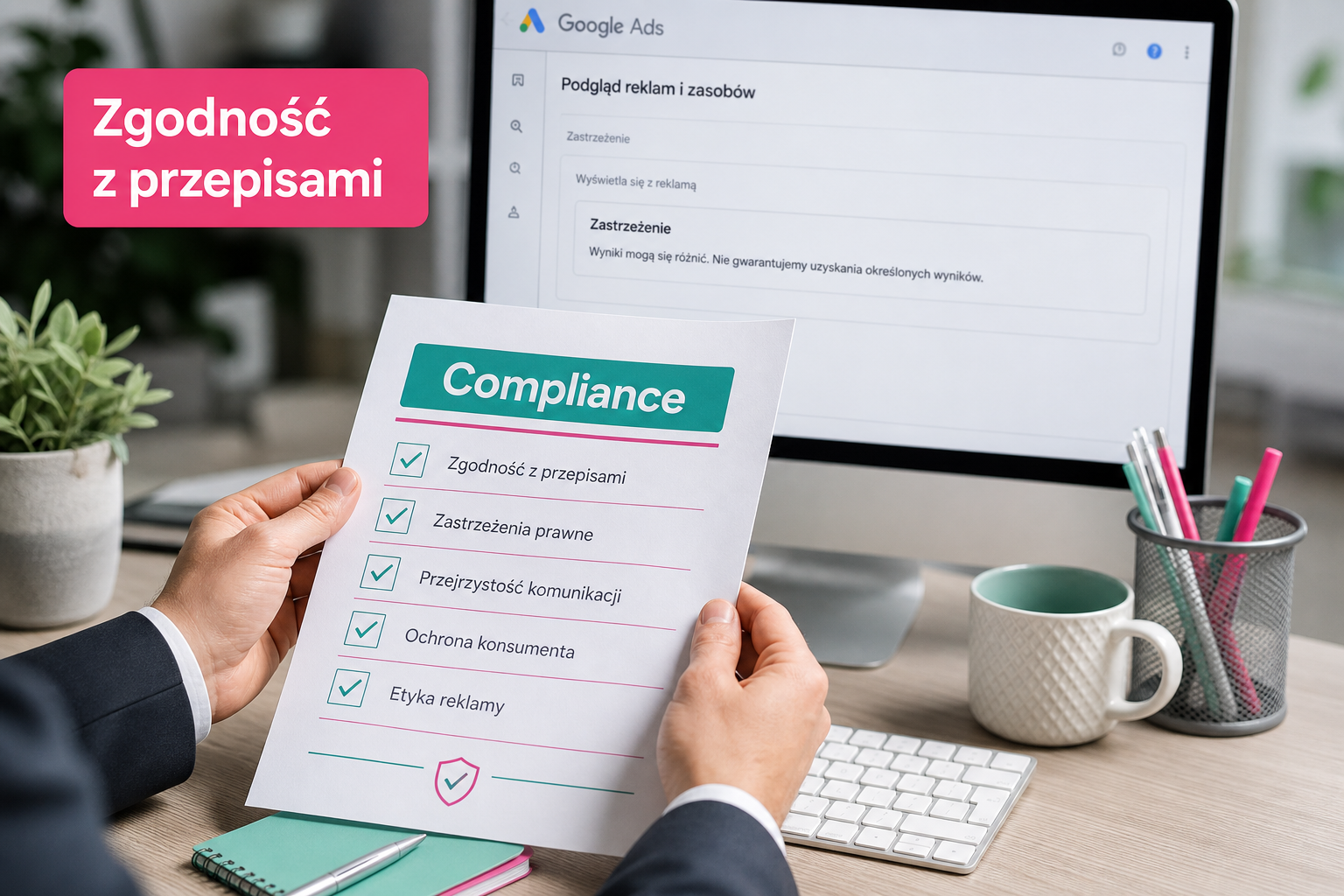Ręce z checklistą Compliance obok ekranu z podglądem Disclaimer w Google Ads