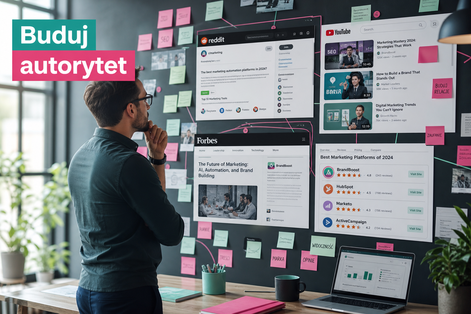 Marketer analizuje obecność marki na niezależnych platformach jak Reddit, YouTube, Forbes