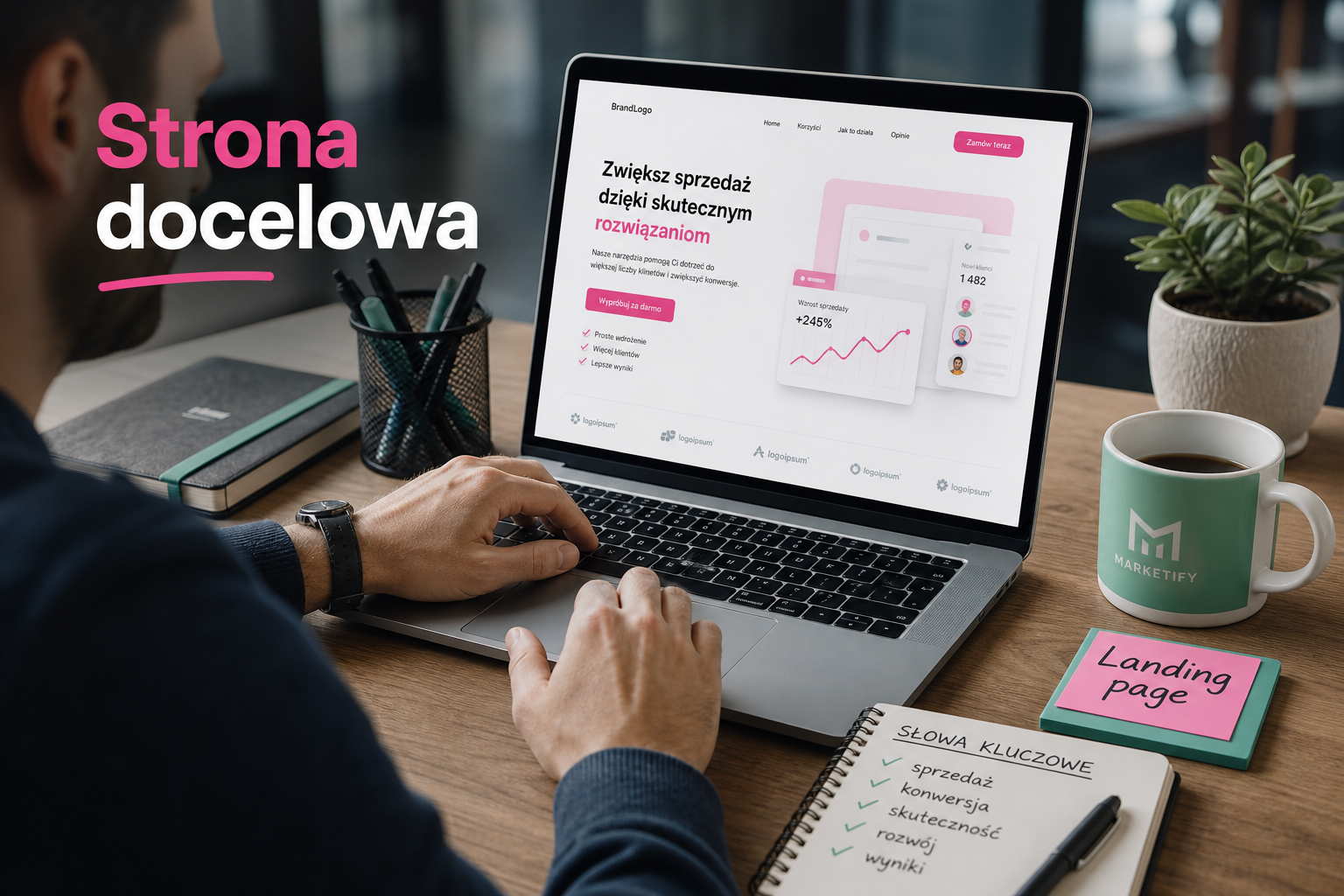Marketer projektuje dedykowaną stronę docelową kampanii reklamowej na laptopie