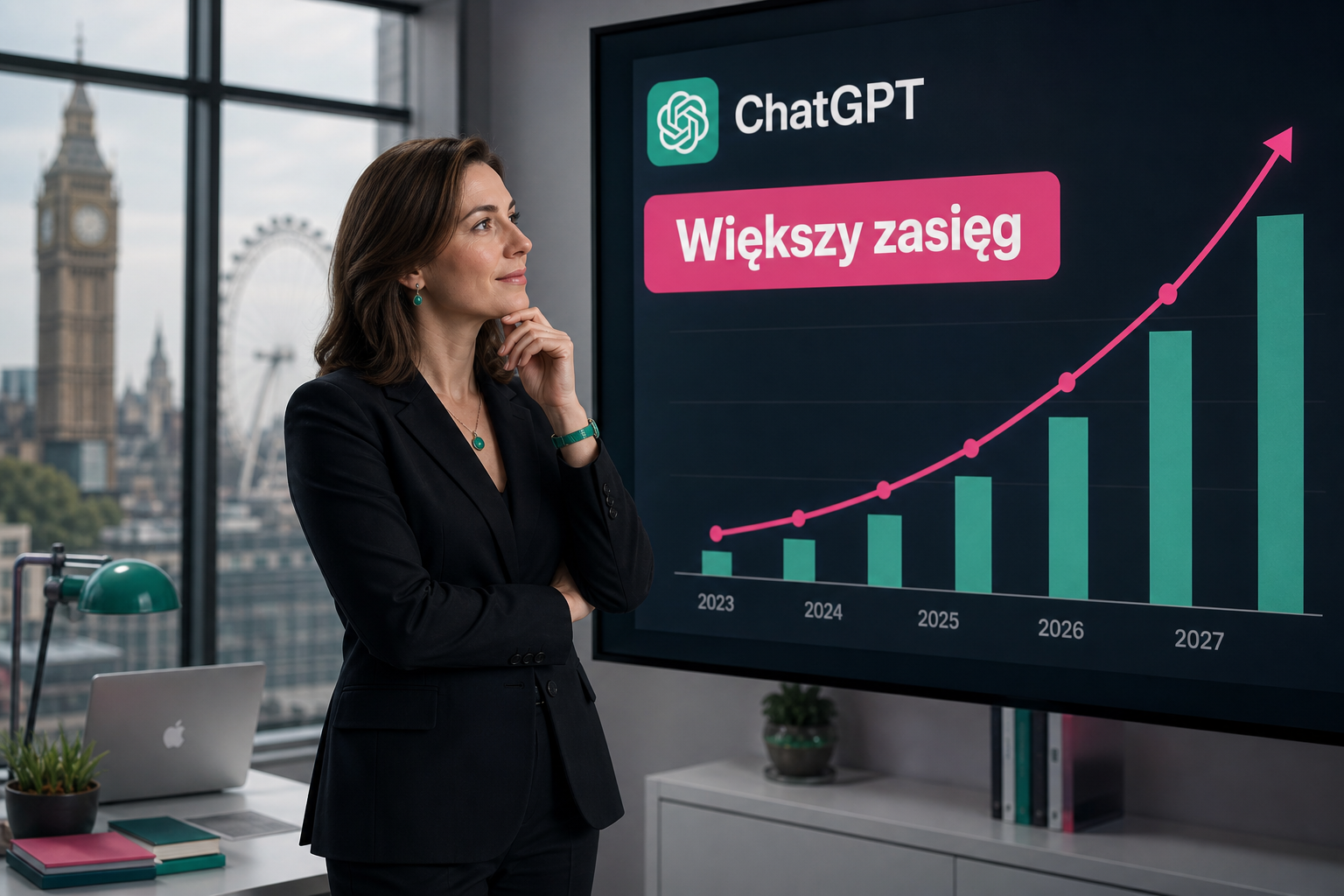 Bizneswoman analizuje wzrost zasięgu ChatGPT na tle londyńskiej panoramy z napisem Większy zasięg