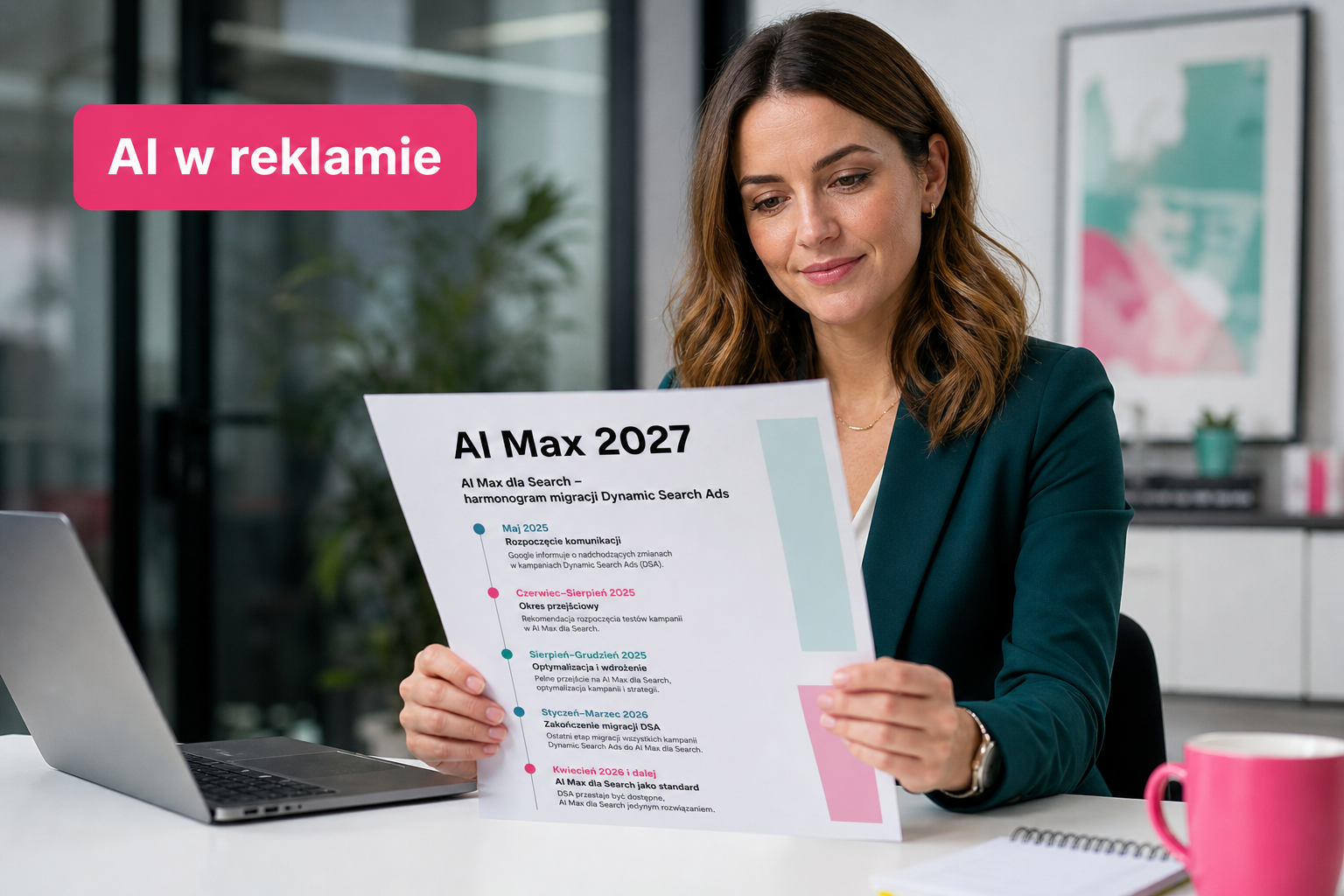 Kobieta w biurze analizuje wydruk z napisem AI Max 2027 i harmonogram migracji DSA