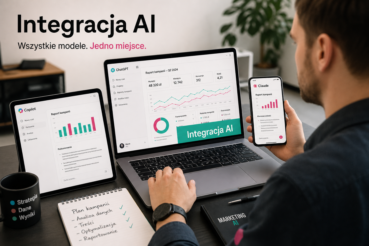 Marketer korzysta z AI (ChatGPT, Copilot, Claude) do raportowania kampanii reklamowych