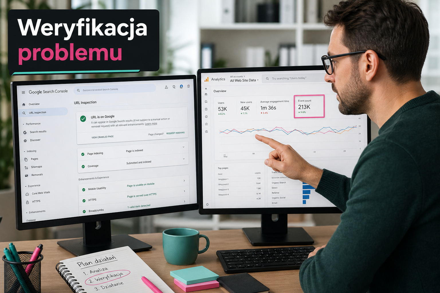 Specjalista SEO porównuje Search Console i GA4, podkreślając weryfikację, napis 'Weryfikacja problemu'