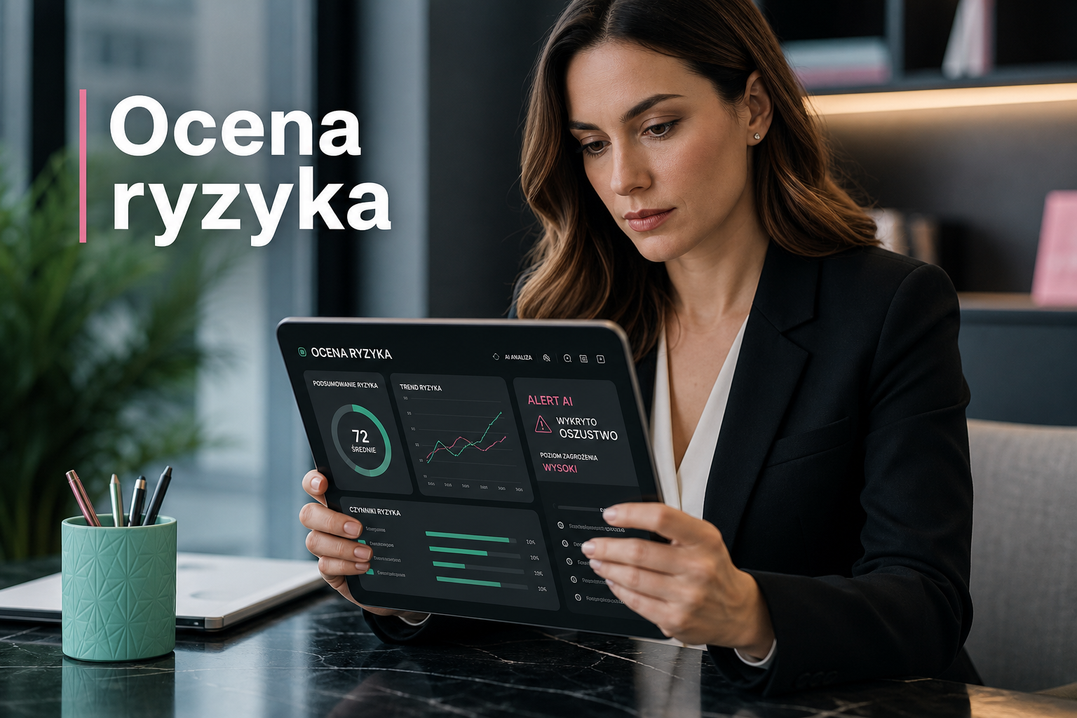 Bizneswoman analizuje ocenę ryzyka na tablecie z AI, ilustracja wdrożenia AI w ubezpieczeniach