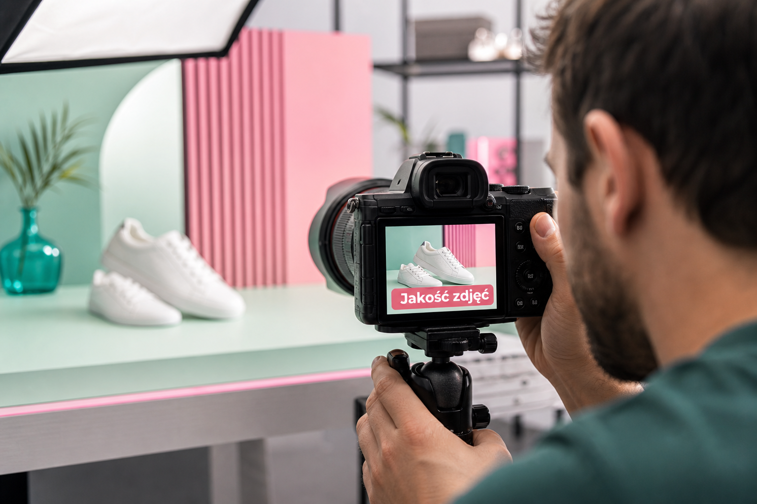 Fotograf robi zdjęcie białych sneakersów w studio, podgląd z napisem 'Jakość zdjęć'.