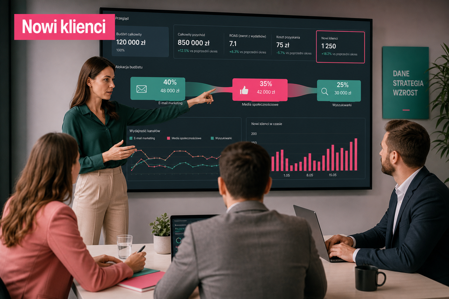 Zespół analizuje dashboard marketingowy z naciskiem na pozyskiwanie nowych klientów