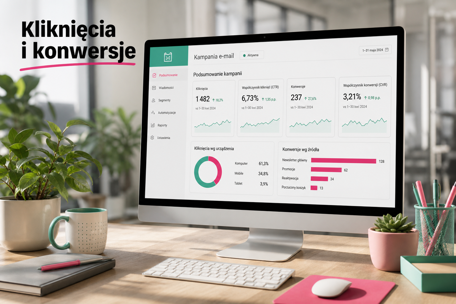Panel email marketingu z metrykami kliknięć i konwersji na ekranie komputera
