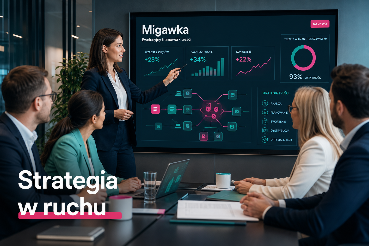 Zespół biznesowy analizuje nowy framework na ekranie z napisem 'Migawka'
