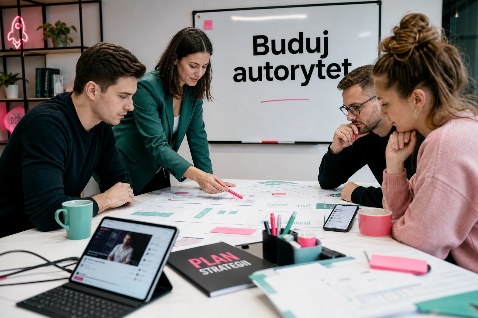 Zespół przy biurku analizuje strategie, widoczne urządzenia z YouTube i Reddit, napis Buduj autorytet